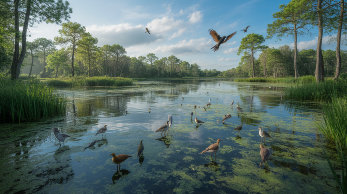 A lush, sun-drenched wetland panorama showcasing a rich tapestry of vibrant green aquatic plants, diverse bird species wading and flying, and reflections of sky on tranquil water.