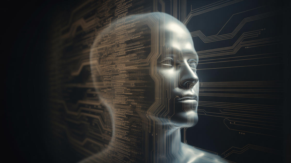 A glowing human head silhouette merges with intricate circuit board pathways.