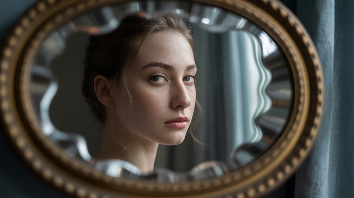 A human face reflected in a distorted, wavy mirror.