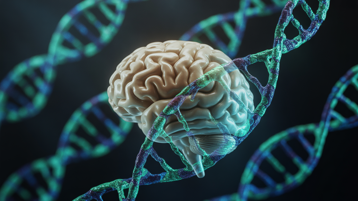 A glowing human brain intertwined with DNA strands, suggesting biological secrets.
