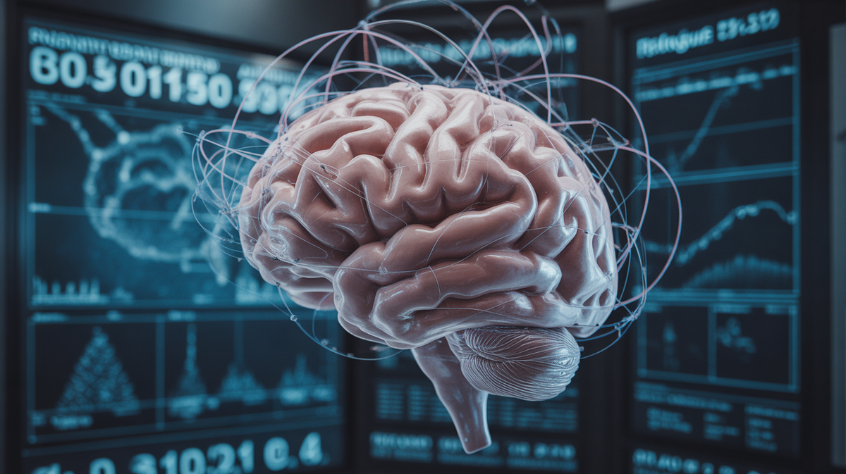 A glowing human brain connected by intricate lines to scientific data displays.