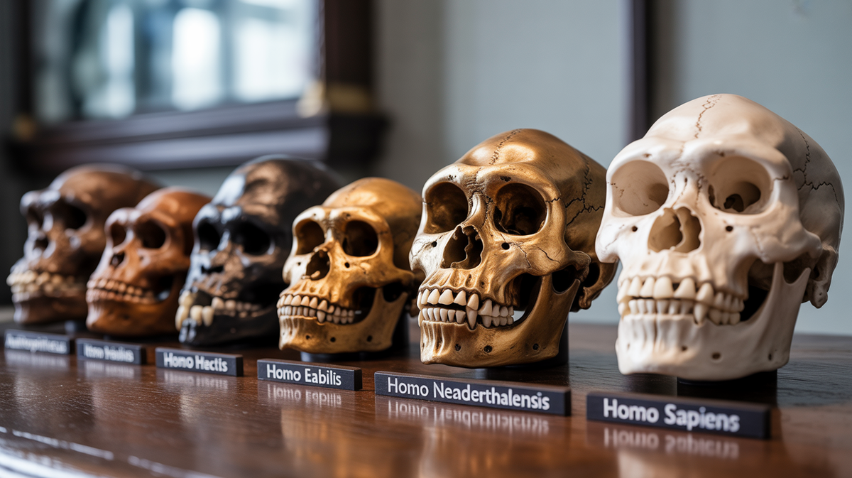 A chronological display of hominid skulls showing human evolution.