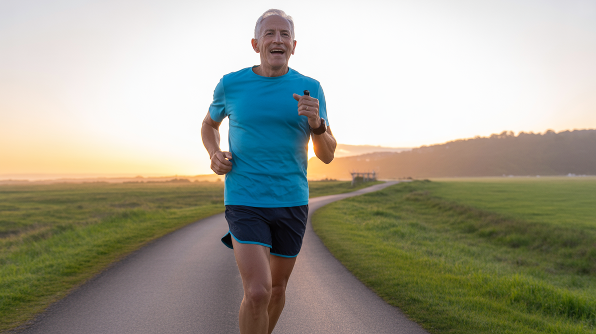 A fit senior citizen joyfully runs on a scenic path at sunrise.