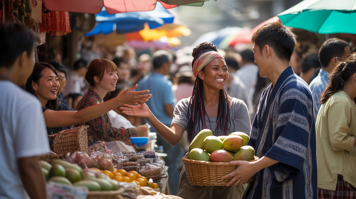 A diverse group of people from different cultures interacting.
