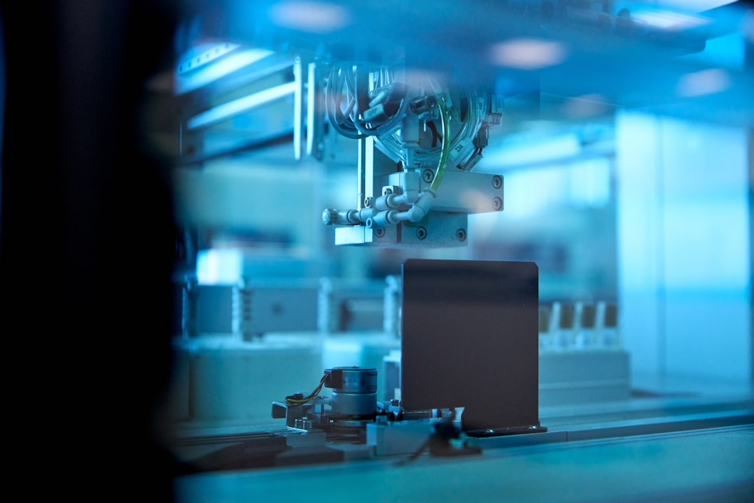A glowing DNA helix seamlessly integrating with intricate digital circuit patterns and data streams within a high-tech, pristine laboratory environment.