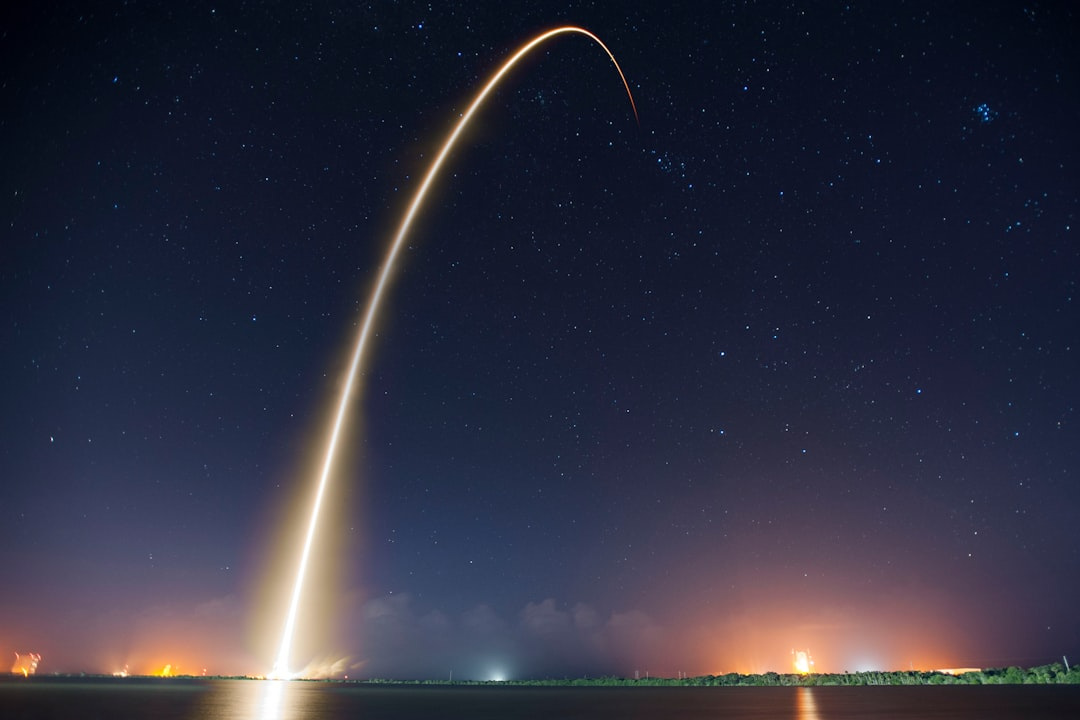 A futuristic, sleek rocket launches from Earth, its powerful exhaust plume subtly transitioning into glowing golden financial graphs that ascend towards the cosmic expanse.