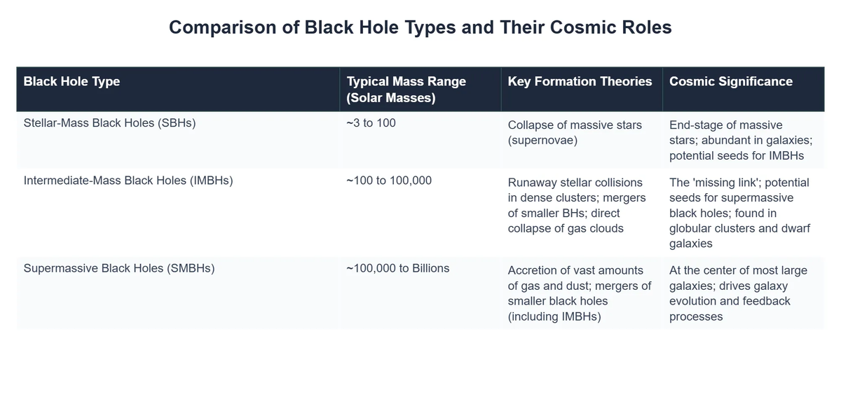 Comparison of Black Hole Types and Their Cosmic Roles