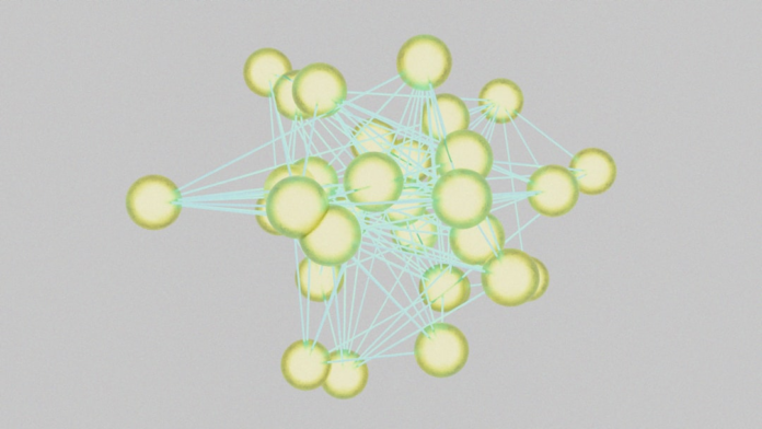 Luminous yellow-green nodes interconnected by blue lines form an abstract representation of a distributed blockchain network for enterprise solutions.