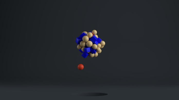 Abstract visual depicting a red sphere hovering below a complex cluster of blue cubes and light brown spheres against a dark, minimalist background, symbolizing AI-driven molecular interaction in drug discovery.