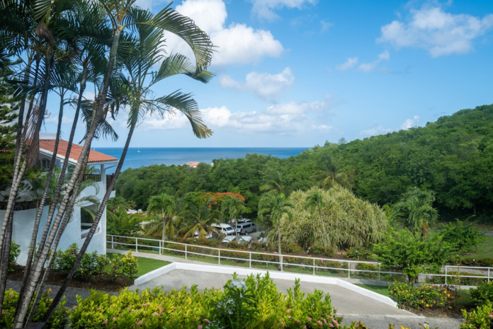 Vibrant tropical hillside covered in dense green foliage and tall palm trees descends towards a bright blue ocean, with a white building featuring a red roof visible on the left under a partly cloudy sky.