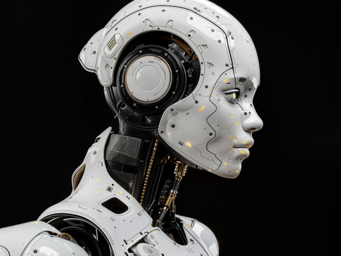 Close-up profile of the sleek, white Ameca humanoid robot, showcasing its advanced design with glowing yellow facial accents and intricate internal mechanisms against a dark background, reflecting the future of sentient AI.