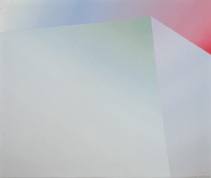 Abstract geometric composition featuring intersecting planes of soft blues, greens, and grays, transitioning into a vibrant red corner, evoking the structured and expansive beauty of the cosmos.