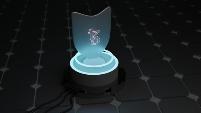 Glowing, translucent shield with a stylized digital symbol, emanating vibrant blue light from its base on a dark, futuristic grid, symbolizing advanced augmented reality and digital security.