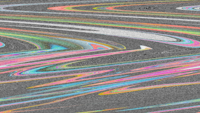 Vibrant, undulating streaks of pink, blue, green, yellow, and orange ripple across a dark, textured field, abstractly depicting the powerful gravitational waves and distorted spacetime generated by binary black holes in a cosmic dance.