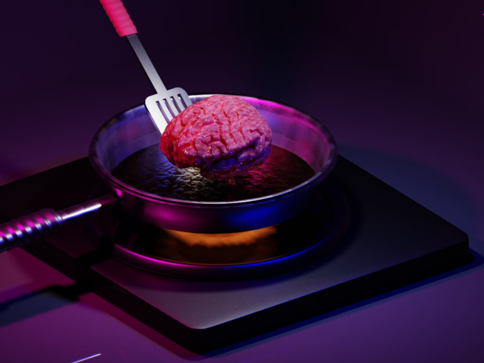 A realistic human brain sits in a frying pan on a dark, glowing stovetop, held by a spatula over bubbling liquid, bathed in dramatic purple and blue light, symbolizing the complex and potentially unsettling aspects of bioengineered food.