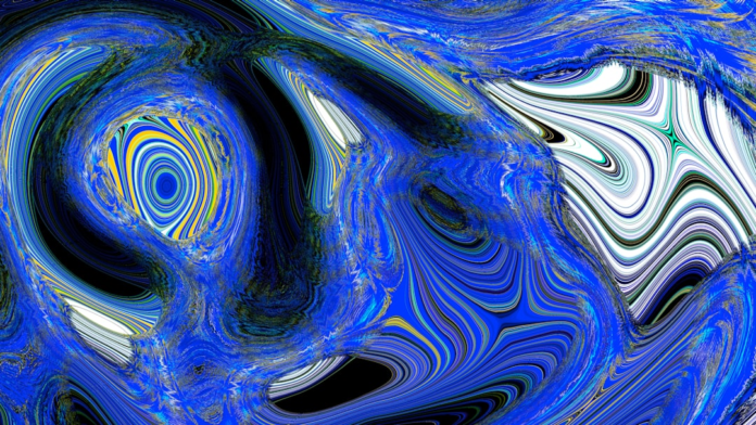 Dynamic abstract image featuring swirling blue and black patterns with a bright yellow vortex, illustrating the immense gravitational forces and warped spacetime around a black hole.