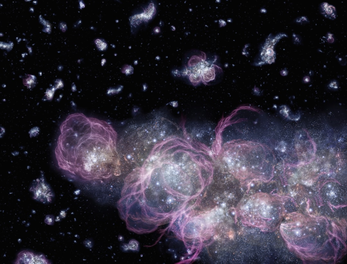 Massive galaxy clusters glow amidst dark space, enveloped by vast pink and purple X-ray bubbles, evidence of powerful black hole outbursts.