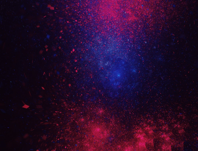Abstract cosmic image depicting dense fields of vibrant red and blue glowing gas and stars within a powerful galactic core, hinting at the dynamic environment around Sagittarius A*.