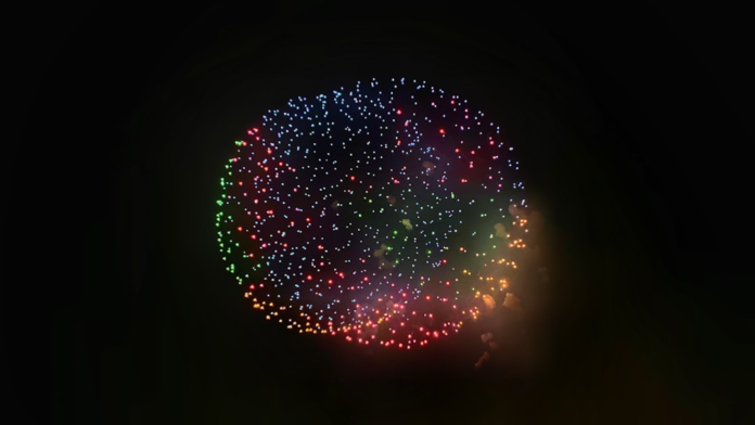 A vibrant, spherical burst of multicolored fireworks illuminates the dark sky, representing the transformative impact and celebratory breakthroughs of the blockchain revolution.
