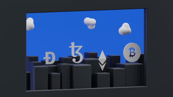 Prominent cryptocurrency symbols for Bitcoin, Ethereum, Dogecoin, and Tezos stand on varying dark blocks under a bright blue sky with white clouds, representing the diverse digital assets within blockchain technology.