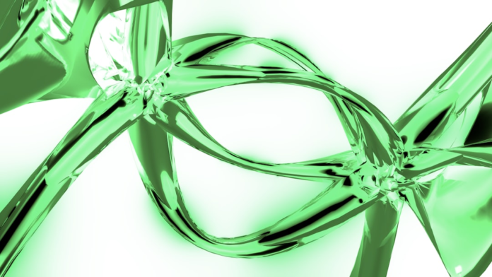 Abstract, glowing green helix-like structures intertwine against a luminous white background, representing the intricate science of DNA editing and gene therapy.