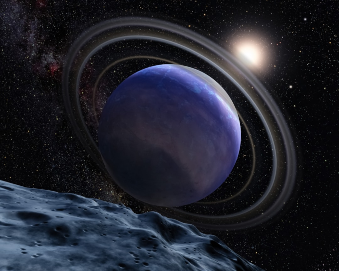 Majestic Saturn, with its prominent rings and blue-tinged atmosphere, looms above a cratered moon surface, illuminated by a distant star in the vastness of space, embodying the cosmic exploration of the Cassini mission.