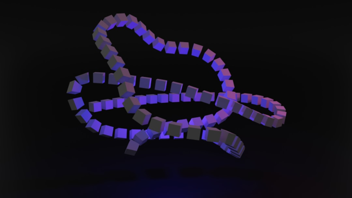 Dynamic chain of illuminated purple and dark cubes winding and interconnecting against a deep black background, visually representing a digital blockchain or DLT network.