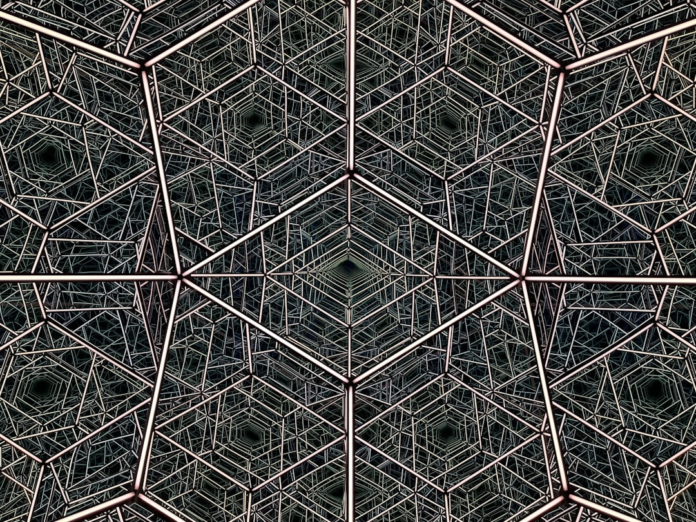 Futuristic abstract image featuring an intricate, interconnected network of glowing geometric shapes extending into digital infinity, symbolizing blockchain's complex and secure infrastructure.