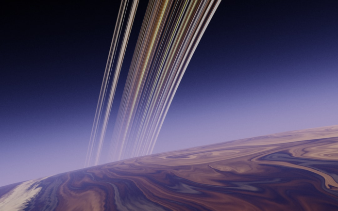 Ethereal golden rings arch across a deep blue-purple gradient sky above a marbled, swirling planet, evoking the mysterious and grand scale of the universe.