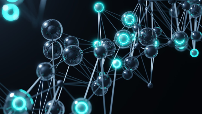 Futuristic abstract network of interconnected glowing teal and dark spheres on a black background, symbolizing secure decentralized digital interaction.