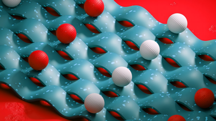 Vivid 3D abstract art features red and white golf balls rolling across undulating teal waves with red undertones, symbolizing the complex choices and ethical dilemmas in AI.