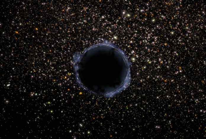 A dark, central stellar-mass black hole, representing Gaia BH1, distorts the shimmering, star-filled cosmic background with its immense gravitational pull.