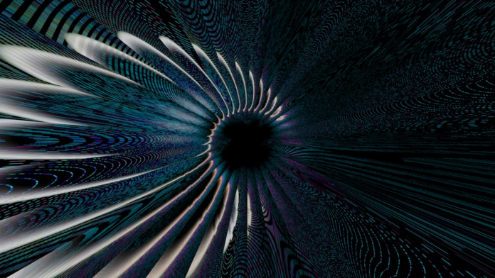 Abstract visualization of a theoretical black hole, featuring a deep dark void encircled by swirling, data-like patterns in shimmering blues, teals, and purples.