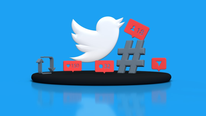 3D white Twitter bird logo, grey hashtag, retweet symbol, and red notification bubbles for likes, comments, and followers are displayed on a reflective black surface against a vibrant blue background, symbolizing modern digital social interaction and its impact on human behavior.