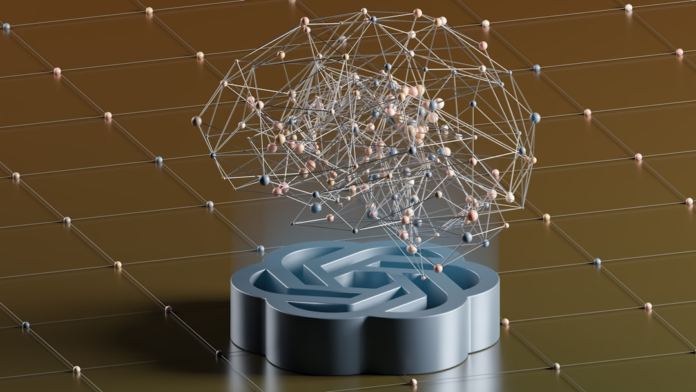 Abstract rendering of a luminous brain-like neural network, composed of interconnected spheres and lines, emerging from a symbolic labyrinthine base on a reflective grid, representing the intricate depths of human consciousness.