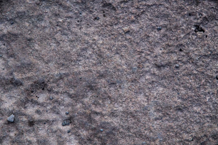 Close-up of a rugged, textured surface of a grey-brown igneous or metamorphic rock, highlighting its granular details and ancient formation.