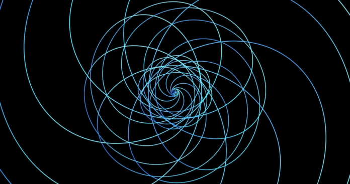 Abstract glowing blue and cyan lines form a complex, spiraling tunnel on a black background, visually representing the concept of infinite multiverses and parallel realities.