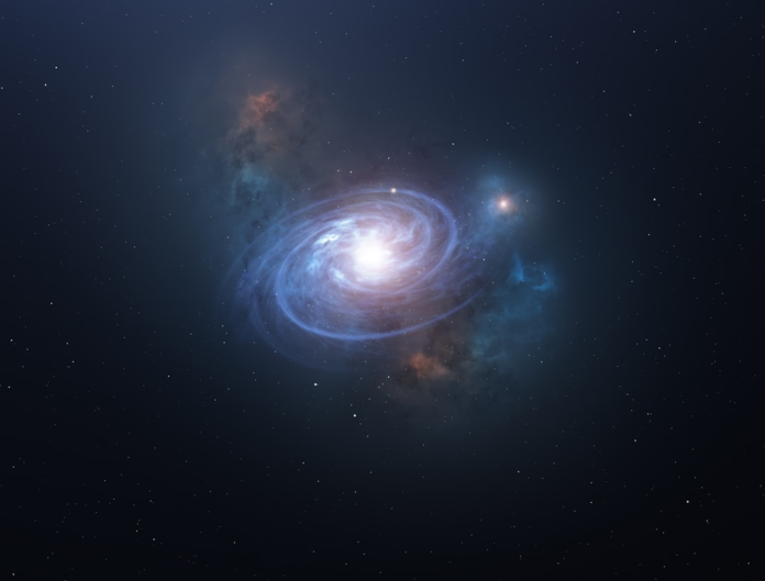 A brilliant spiral galaxy with glowing blue arms and a bright central core, suspended in dark cosmic space among stars and colorful nebulae, representing the vast environments where intermediate black holes influence cosmic evolution.