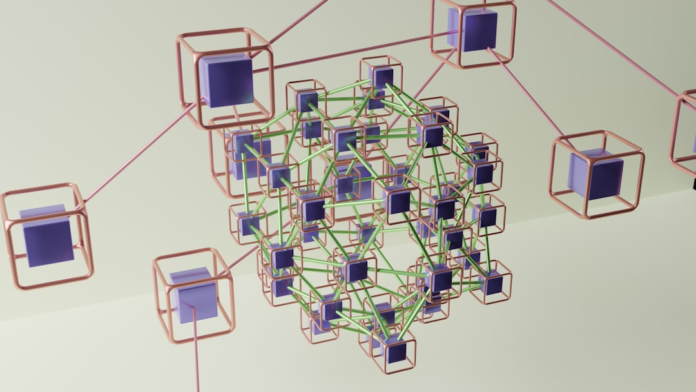 An abstract 3D digital illustration depicts a central cluster of interconnected purple blocks within copper frames joined by green lines, with larger, more sparsely connected blocks extending outwards via pink lines, symbolizing a lightweight and decentralized blockchain network.
