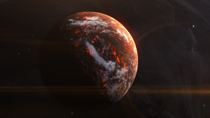 A dramatic artistic representation of a volcanic planet, possibly Mercury, glowing intensely with molten orange lava and contrasting white formations against a dark, starry space.