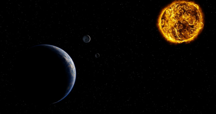 A brilliant, fiery orange Sun illuminates a crescent Earth and two smaller celestial bodies against the vast, star-filled darkness of space.