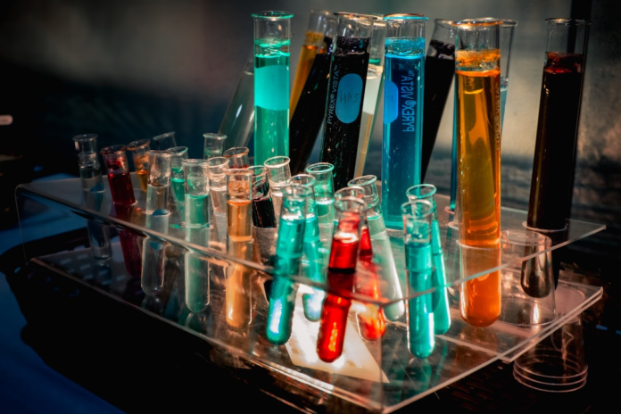 Vibrant chemical solutions in an array of test tubes and tall laboratory beakers on transparent racks, illustrating the dynamic field of biotechnology research.