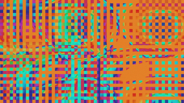 Abstract digital artwork featuring an interwoven orange grid pattern over a vibrant background of blue, teal, purple, and green pixels, symbolizing the interconnected and complex nature of enterprise blockchain networks.