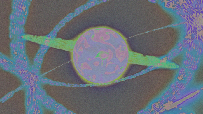 Luminous, textured celestial body centered amidst glowing green rings and intricate blue-purple data streams, representing deep space observation and planetary exploration.