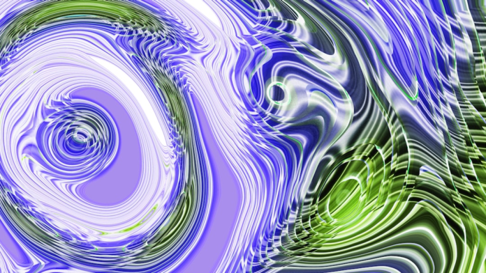 Vibrant abstract artwork depicting a swirling purple and blue vortex with dynamic green and white energy lines, conceptually illustrating spacetime distortion and high-energy phenomena in particle accelerators.