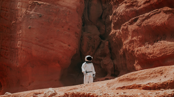 A lone astronaut in a white spacesuit stands on reddish-brown, rocky Martian-like terrain, dwarfed by towering canyon walls, embodying the quest for ancient life.