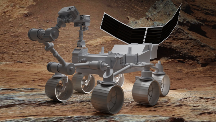 A grey, six-wheeled Perseverance-style rover with an articulated arm and solar panels stands on the rugged, reddish-brown Martian surface, poised for scientific discovery.