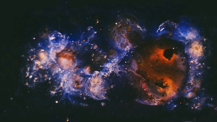 Vibrant blue and fiery orange cosmic nebulae swirl amidst distant stars, symbolizing the vast, unifying forces of the universe as explored by quantum gravity theory.
