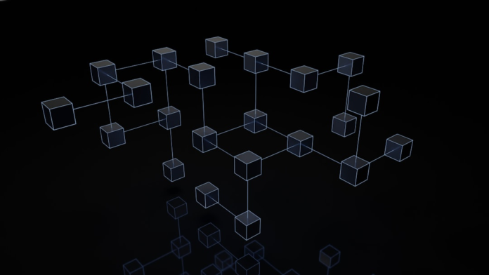 A futuristic digital blockchain network of glowing interconnected cubes floats above a reflective dark surface, symbolizing advanced, secure technology for decentralized trading.