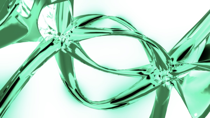 Glossy, translucent aqua-green abstract forms twist and intersect against a stark white background, visually representing the intricate structures explored in human genetics research.